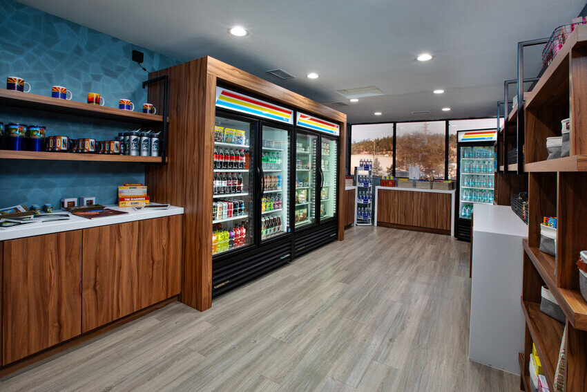 a store with shelves of beverages