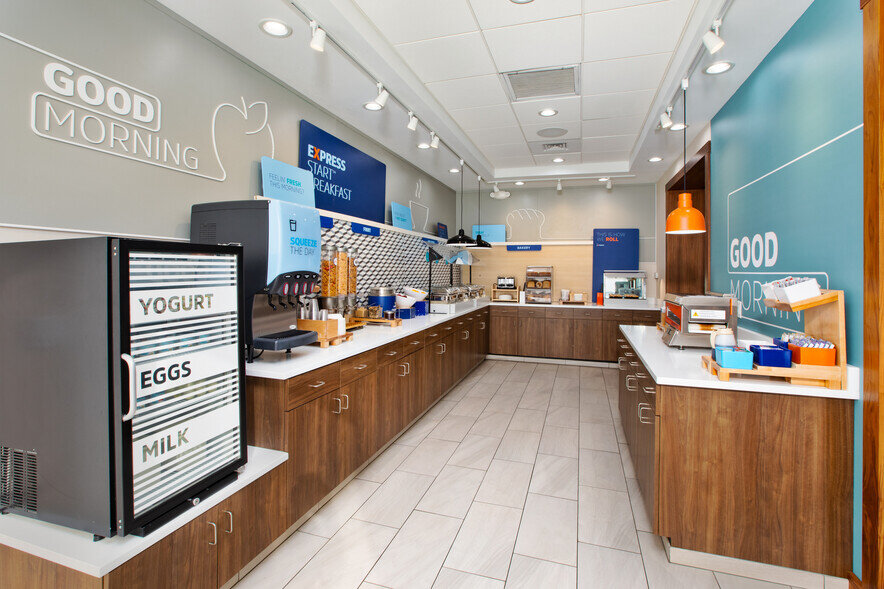 a room with a variety of countertops and shelves